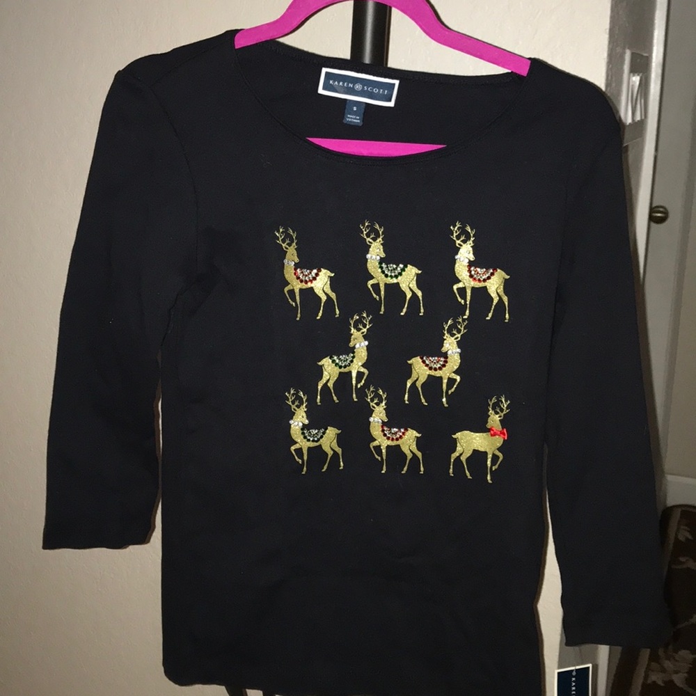 Karen Scott Black Holiday Reindeer Whimsy Tee